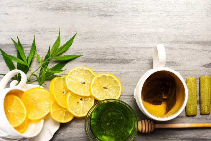 green tea, cannabis, lemon slices and honey